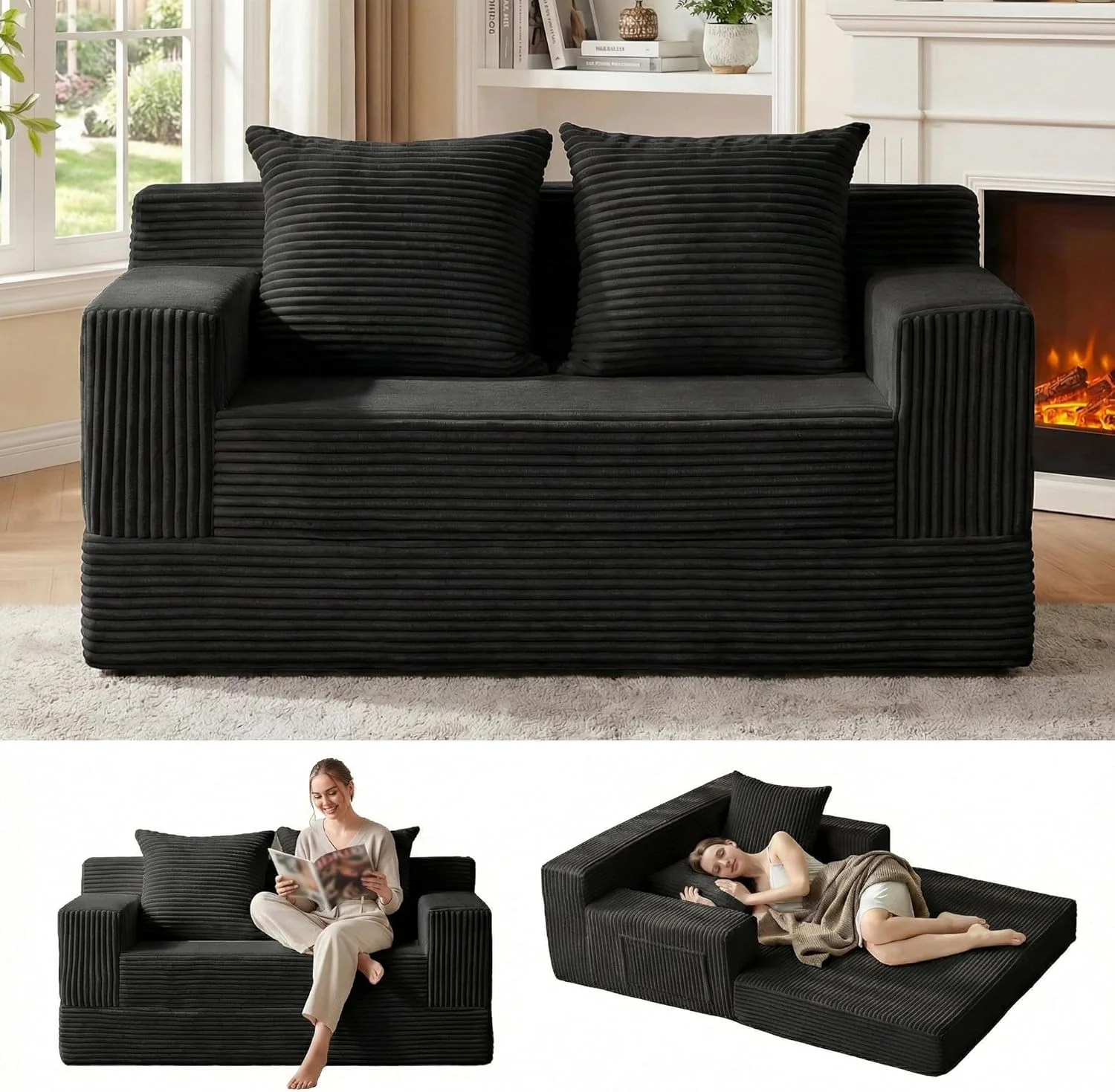 Loveseat Boneless Convertible Sofa Bed, Folding Floor Futon Sleeper Sofa Couch Bed- Boneless Foldable Couch, Corduroy Pull Out Sofa Bed with 2 Pillows for Living Room & Bedroom