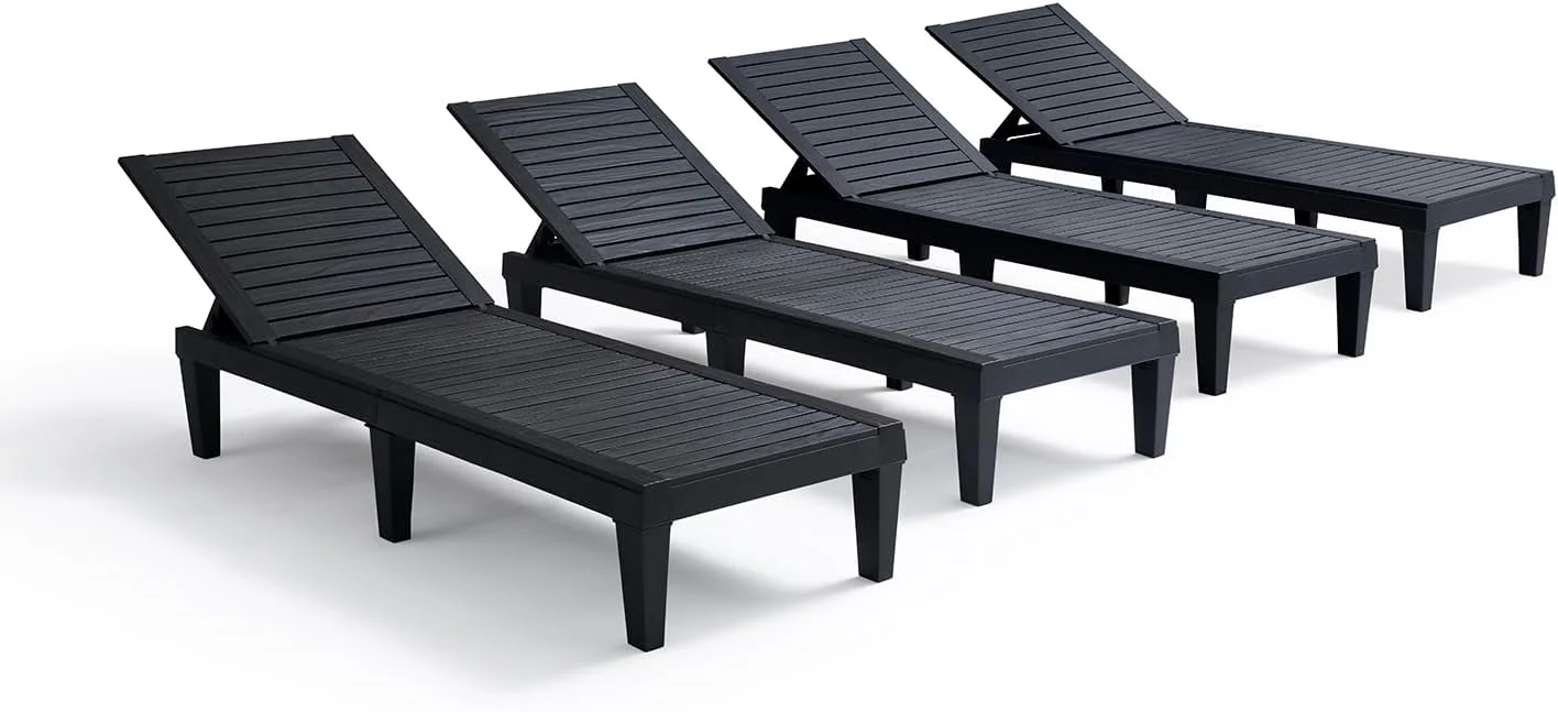 Patio Chairs - Black Chaise Lounge Chair Outdoor 5-Position Adjustable Sun Tanning Chair Waterproof Pool Lounge Chairs Set of 2 Reclining Lawn Chair, Lightweight Outdoor Lounge Chairs